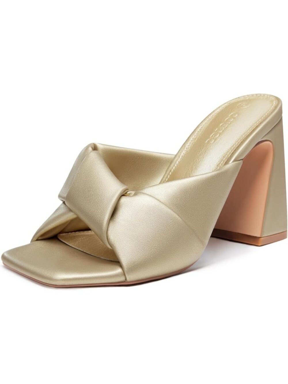 Women's Gold Faux Leather Summer Square Open Toe Slip On Chunky Heeled Shoes
